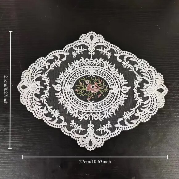 Doily Lace Table Dresser placemat Dining Linen Hollow Oval Flowers White Vintage - Picture 4 of 4